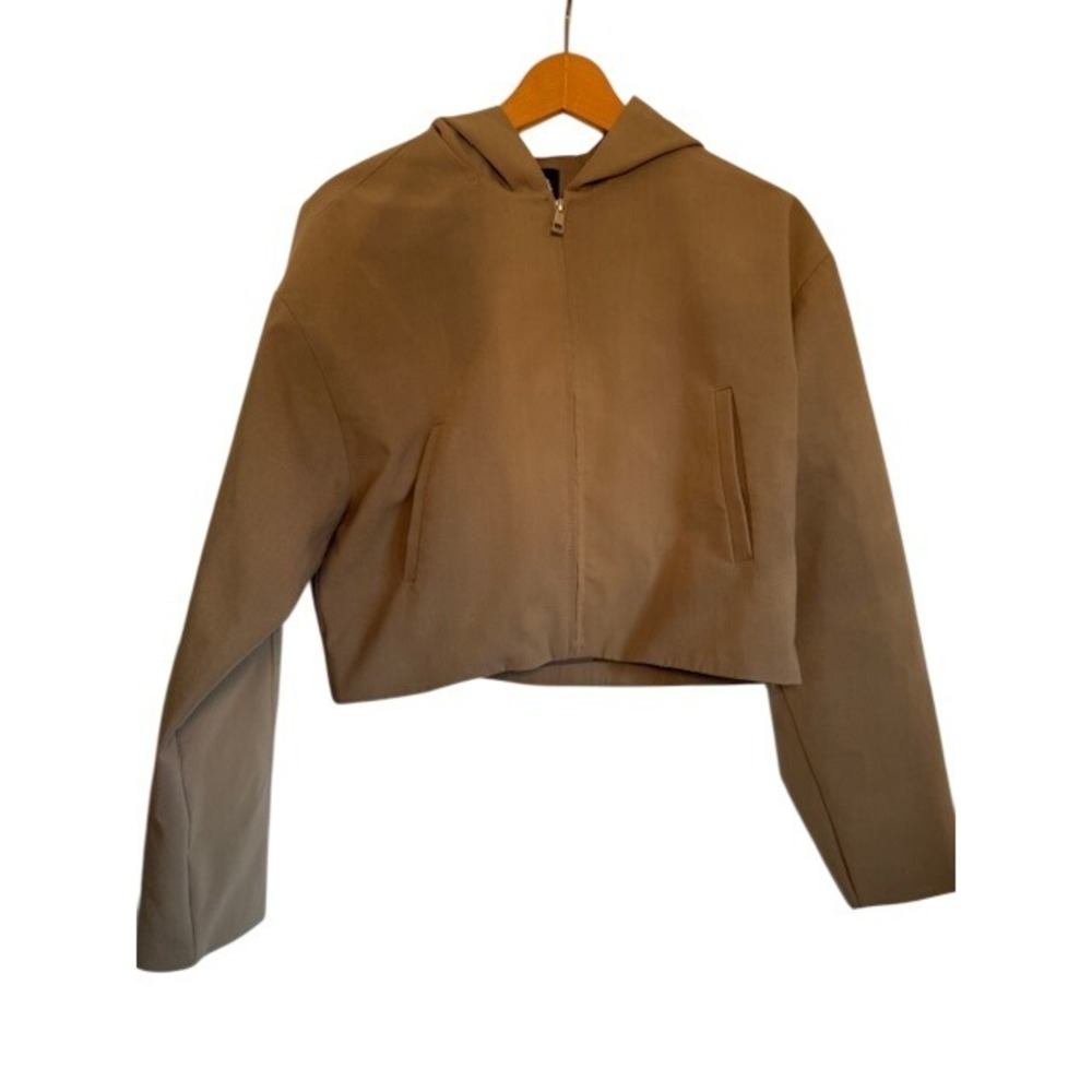 ZARA Women Tan Cropped Zip Up Hooded Jacket Size S